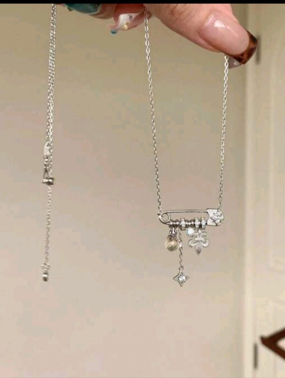 Fashion Jewelry Silver-Tone Safety Pin Necklace with Dangling Charms Nwot